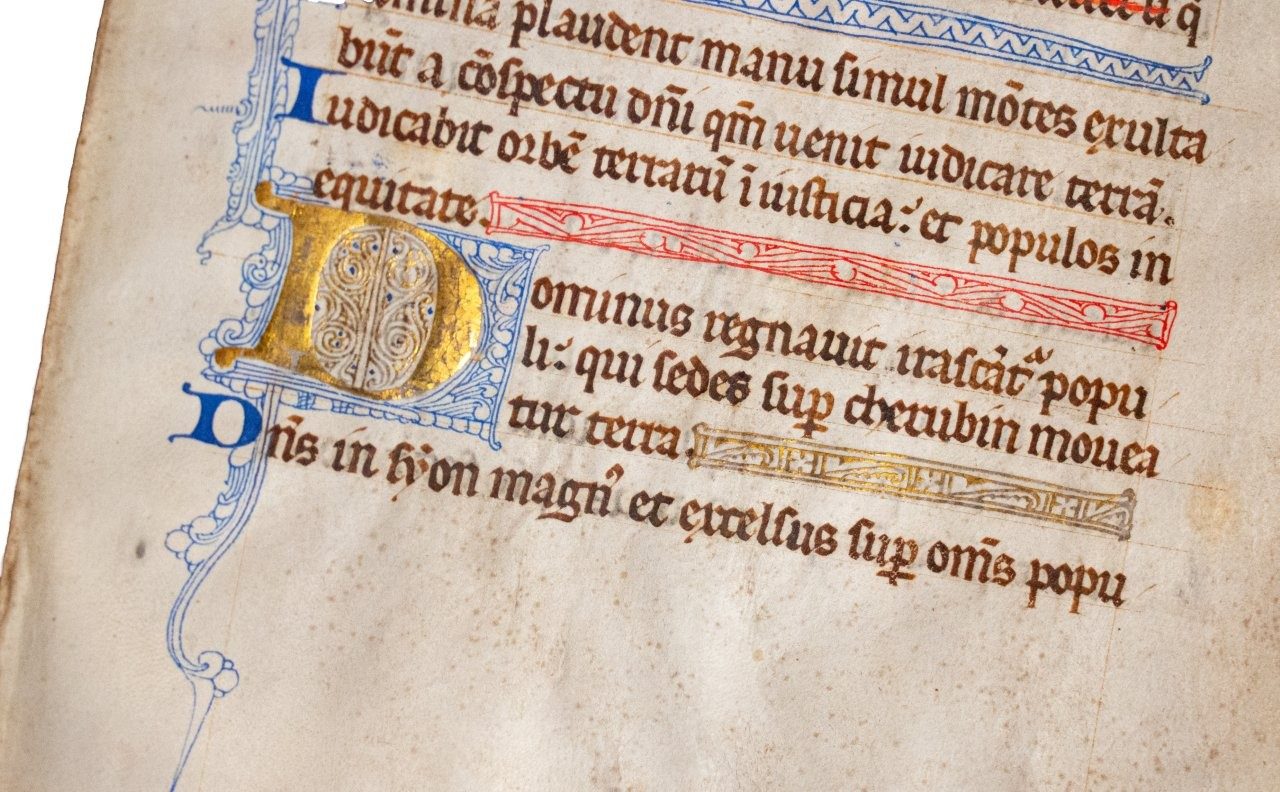 Leaf from a lavish English Psalter, once claimed by Bruce Ferrini to have been “from the court of Philip Augustus”, in Latin c.1260