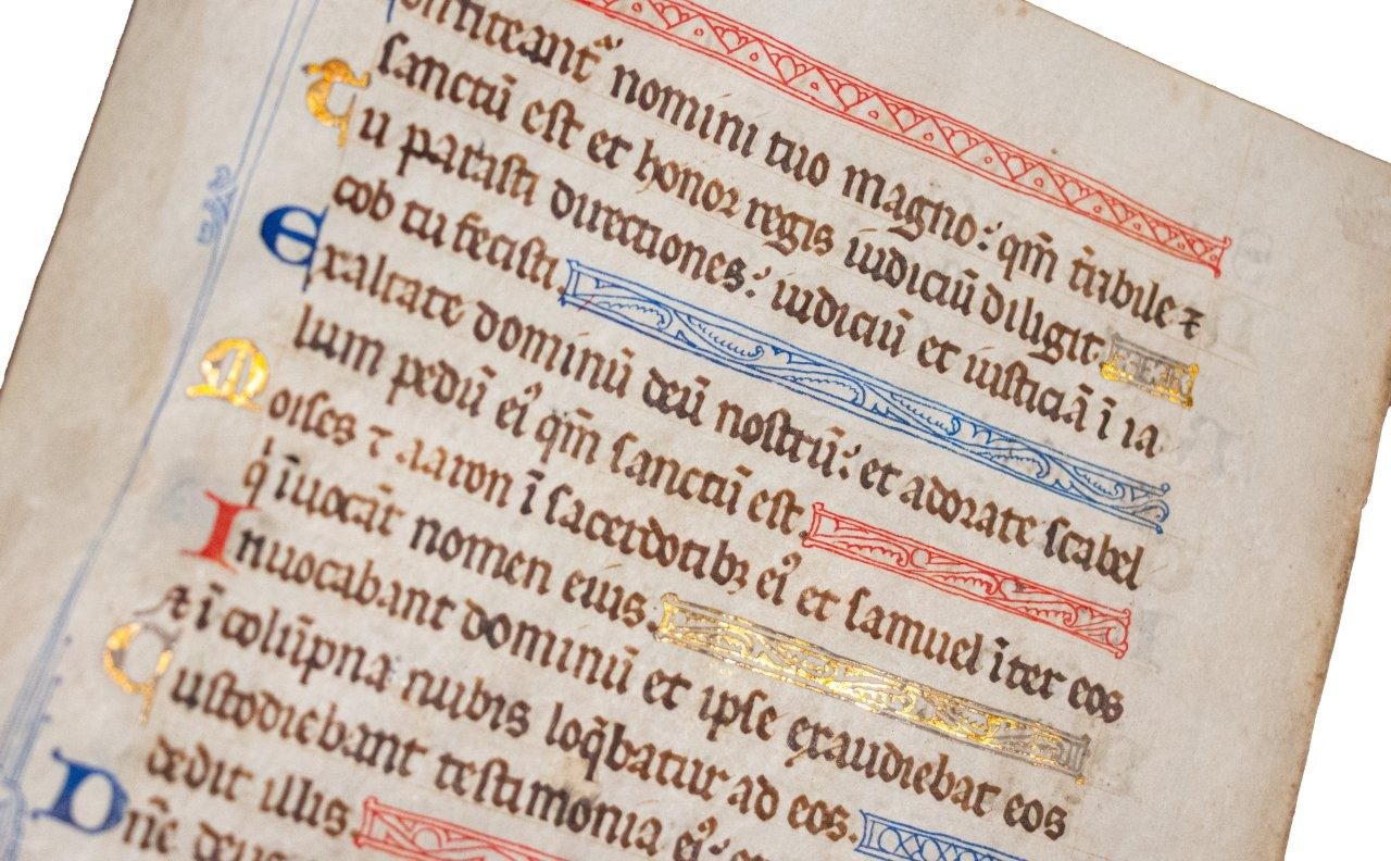 Leaf from a lavish English Psalter, once claimed by Bruce Ferrini to have been “from the court of Philip Augustus”, in Latin c.1260