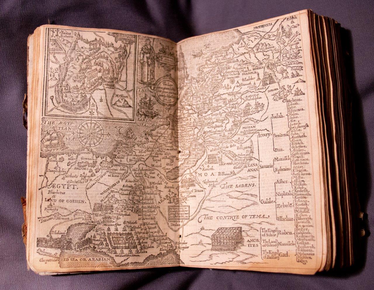 A superb example of early English embroidery on a 1628 Bible with two figures ‘Faith’ and ‘Hope’ possibly from the Court of King Charles 1st