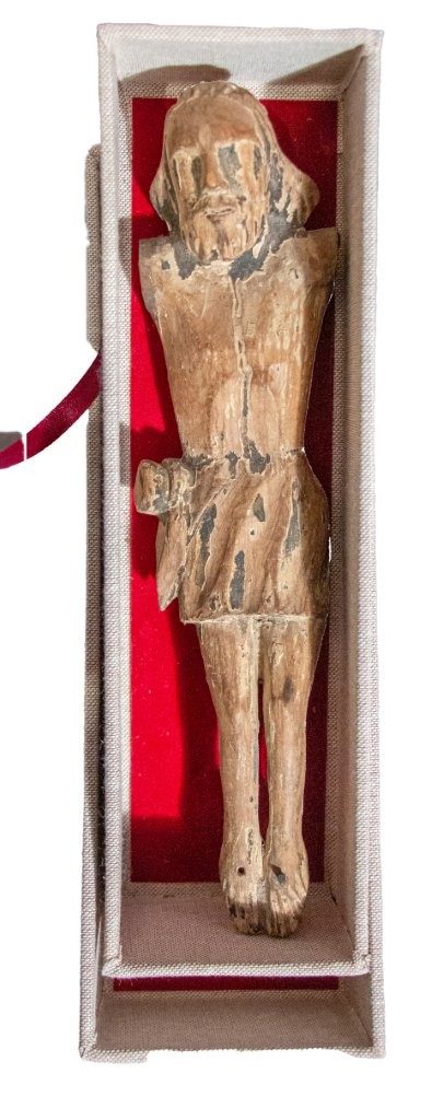 A C15th Polychrome Crucifix figure of Christ, Low Countries