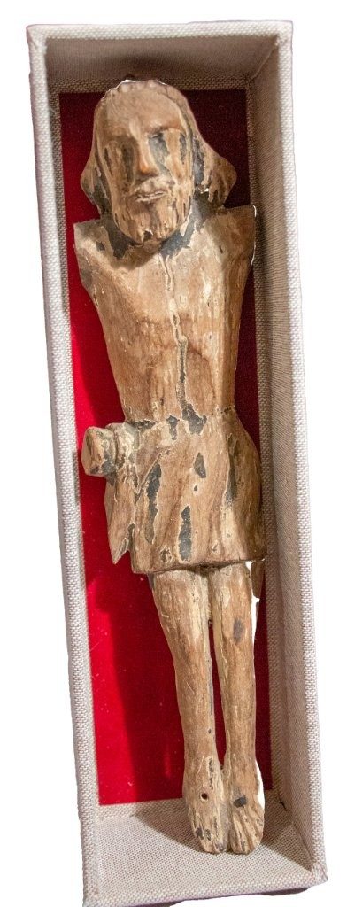 A C15th Polychrome Crucifix figure of Christ, Low Countries
