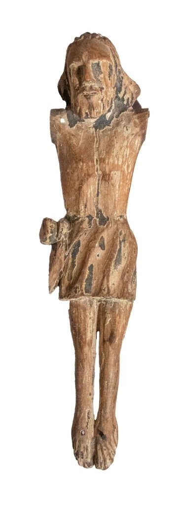 A C15th Polychrome Crucifix figure of Christ, Low Countries