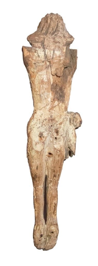A C15th Polychrome Crucifix figure of Christ, Low Countries