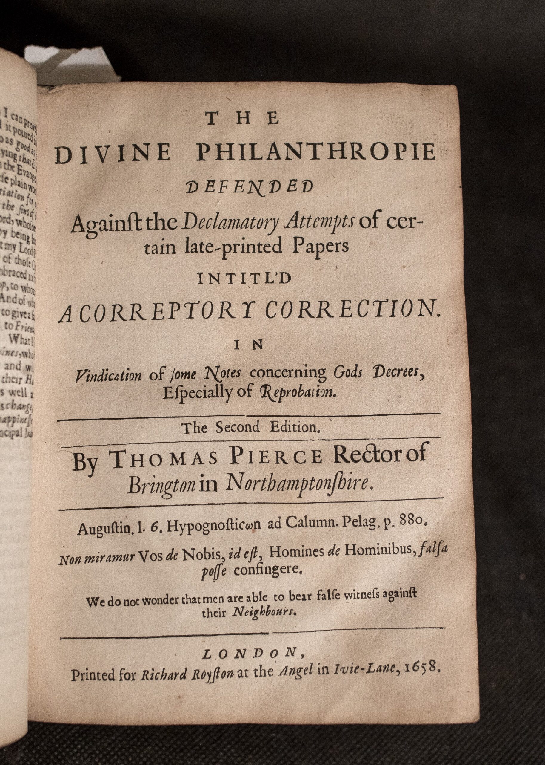 A rare Interregnum folio attacking Calvinist predestination: Thomas Pierce’s collected defences of divine justice and human responsibility, 1658.