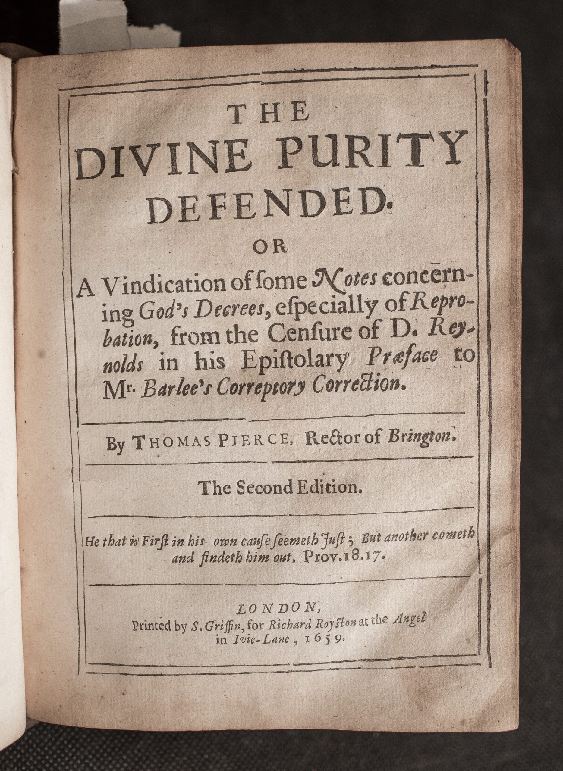 A rare Interregnum folio attacking Calvinist predestination: Thomas Pierce’s collected defences of divine justice and human responsibility, 1658.