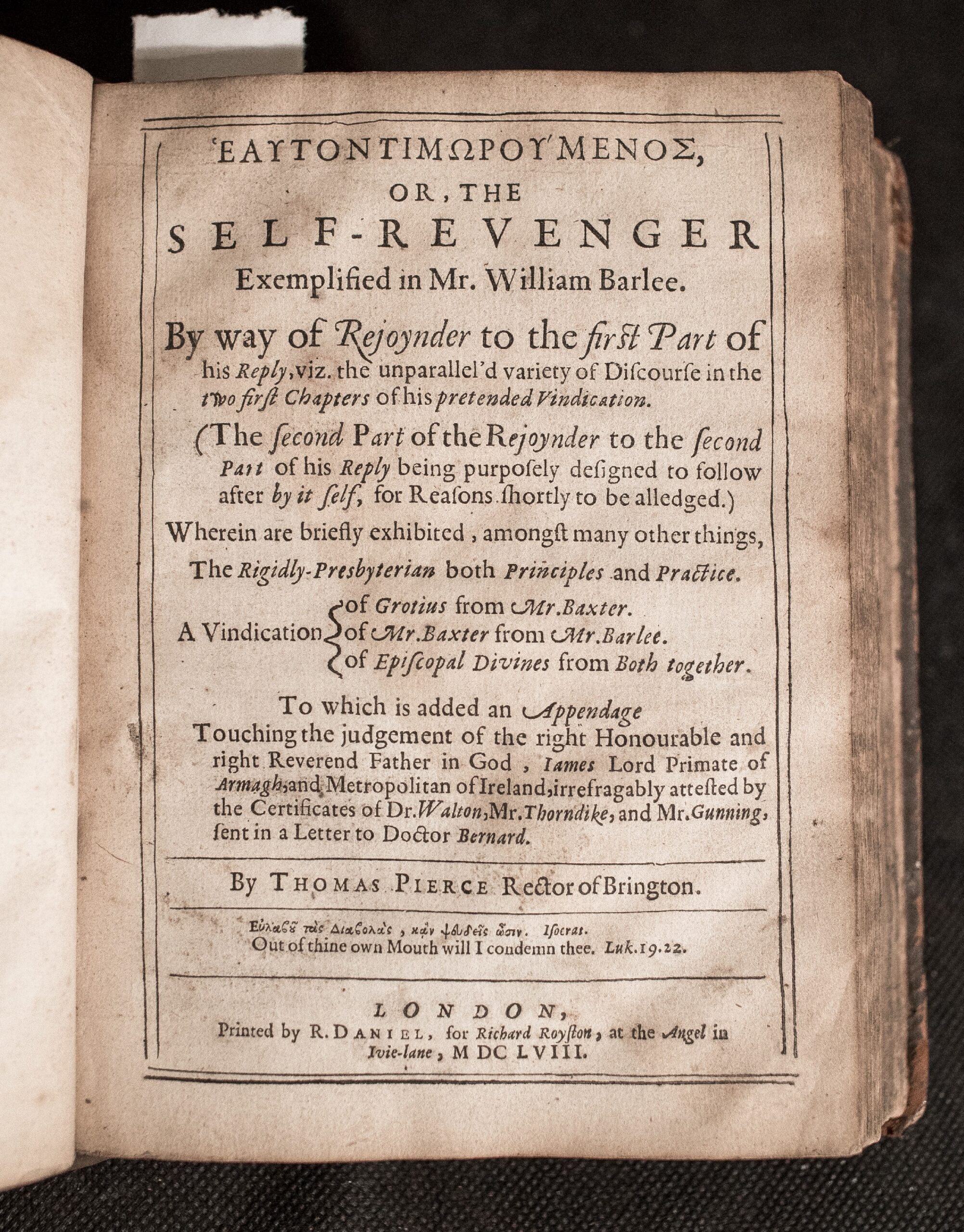 A rare Interregnum folio attacking Calvinist predestination: Thomas Pierce’s collected defences of divine justice and human responsibility, 1658.