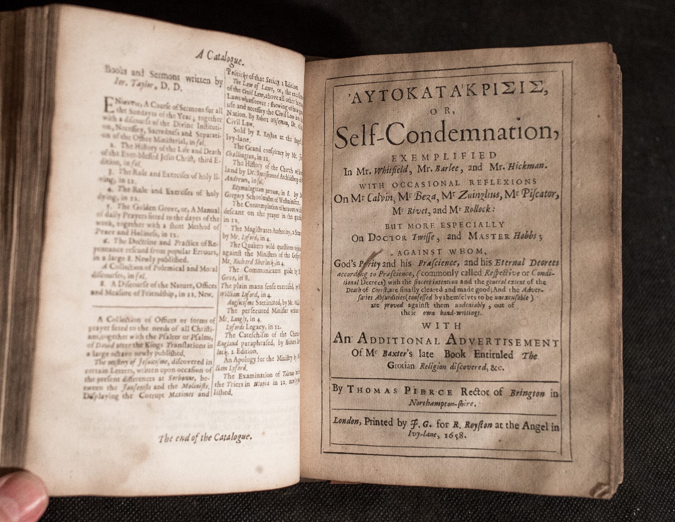 A rare Interregnum folio attacking Calvinist predestination: Thomas Pierce’s collected defences of divine justice and human responsibility, 1658.