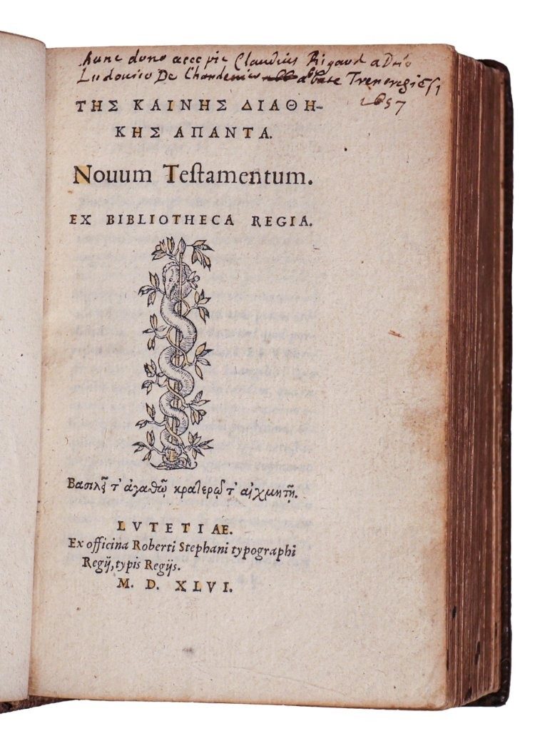 Greek NT, 1546 bound in the style of Atelier of Nicolas Eve and printed by Robert Stefani
