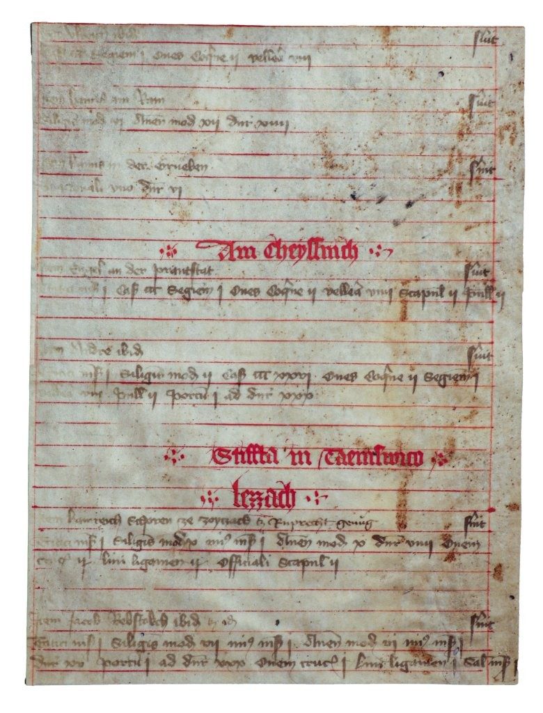 Two Leaves from a Rental Book (Gültbuch) for a Monastery or Collegiate Church, perhaps the Benedictine abbey in Sankt Lambrecht, Austria manuscript on vellum Austria, C14th