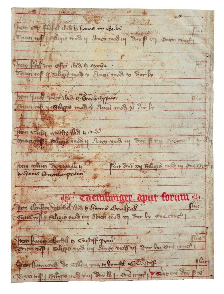 Two Leaves from a Rental Book (Gültbuch) for a Monastery or Collegiate Church, perhaps the Benedictine abbey in Sankt Lambrecht, Austria manuscript on vellum Austria, C14th