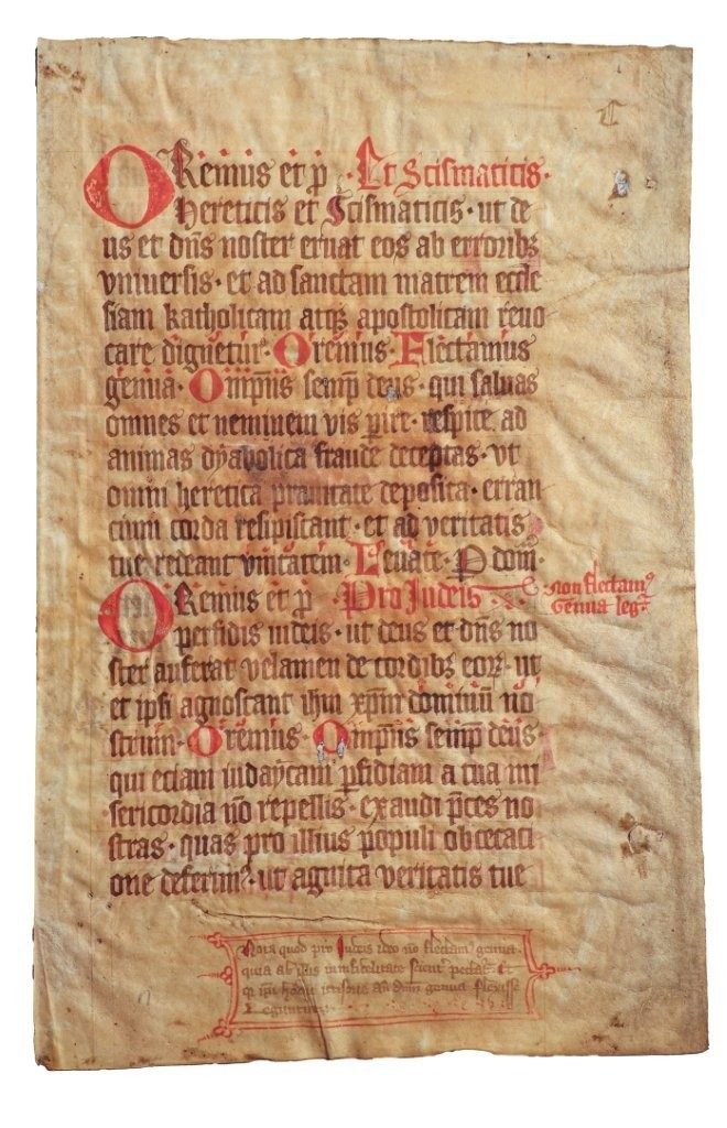 “Let us pray for the perfidious Jews” – striking early C13th Roman Missal leaf preserving the solemn Good Friday intercessions.