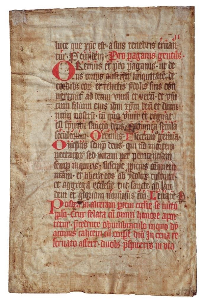 “Let us pray for the perfidious Jews” – striking early C13th Roman Missal leaf preserving the solemn Good Friday intercessions.