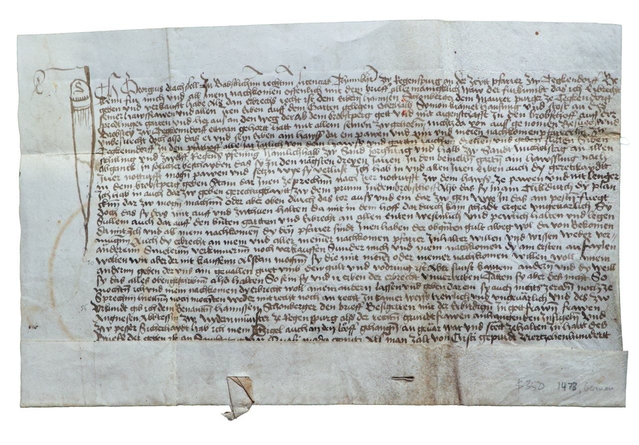 Property Deed for a House and Garden at Deggendorf, with Building Rights and Ecclesiastical Rent In Old High German, manuscript on vellum