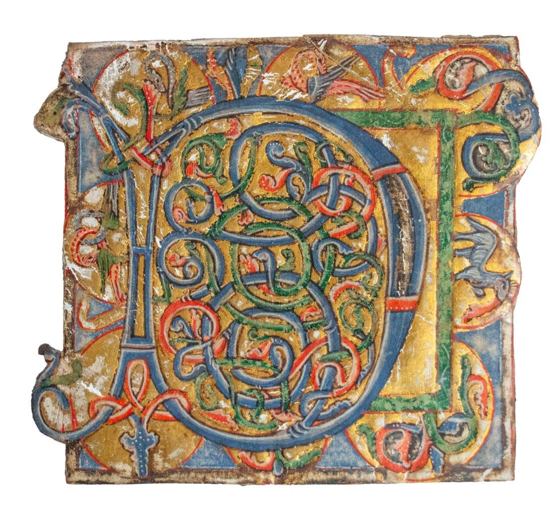 Intricate and large illuminated initial ‘D’ from a Breviary, C13th Germany Intricate and large illuminated initial ‘D’ from a Breviary, C13th Germany
